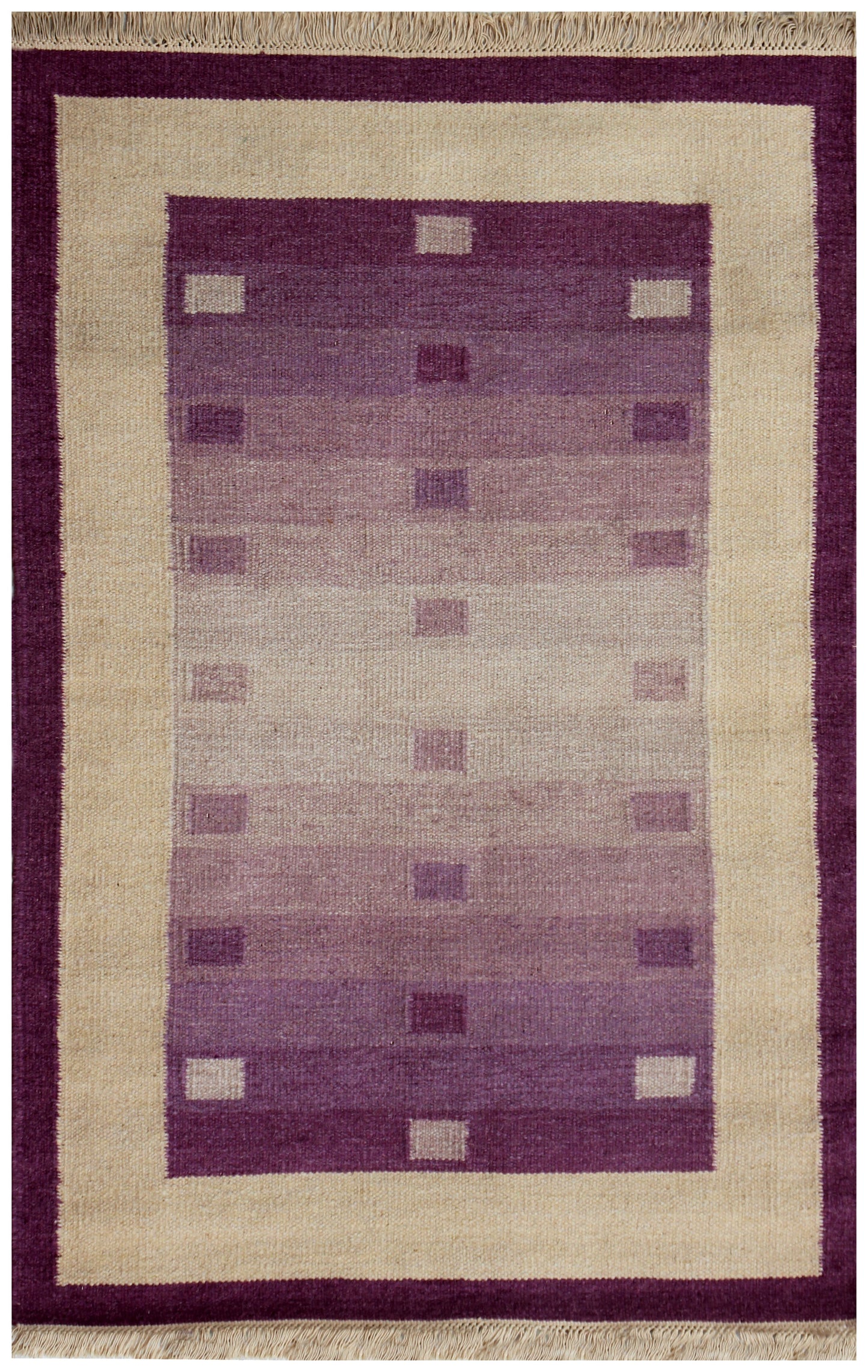 Beige and Purple Handwoven 4x6 Modern Stripes design Flatweave Durry Rug.
