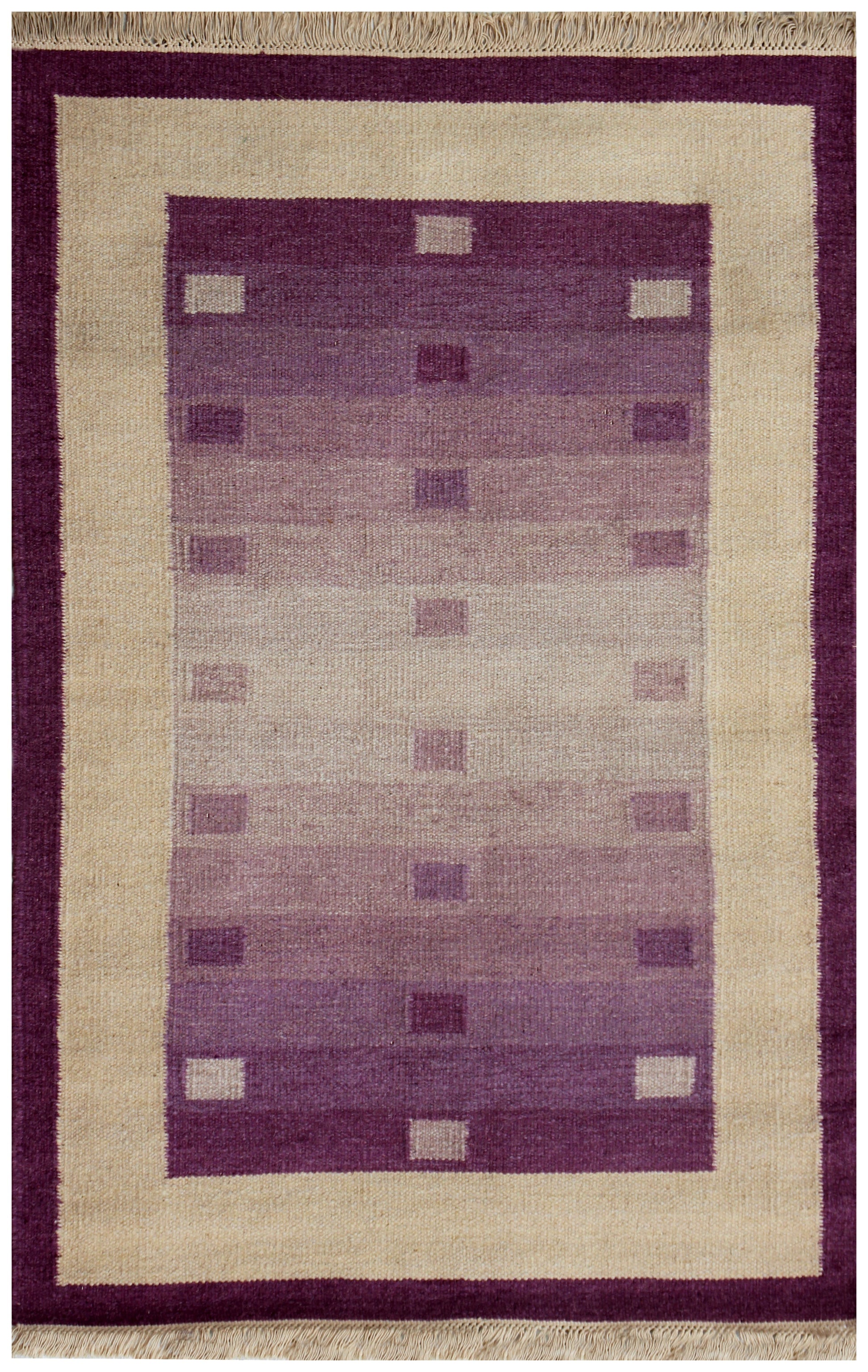 Beige and Purple Handwoven 4x6 Modern Stripes design Flatweave Durry Rug.