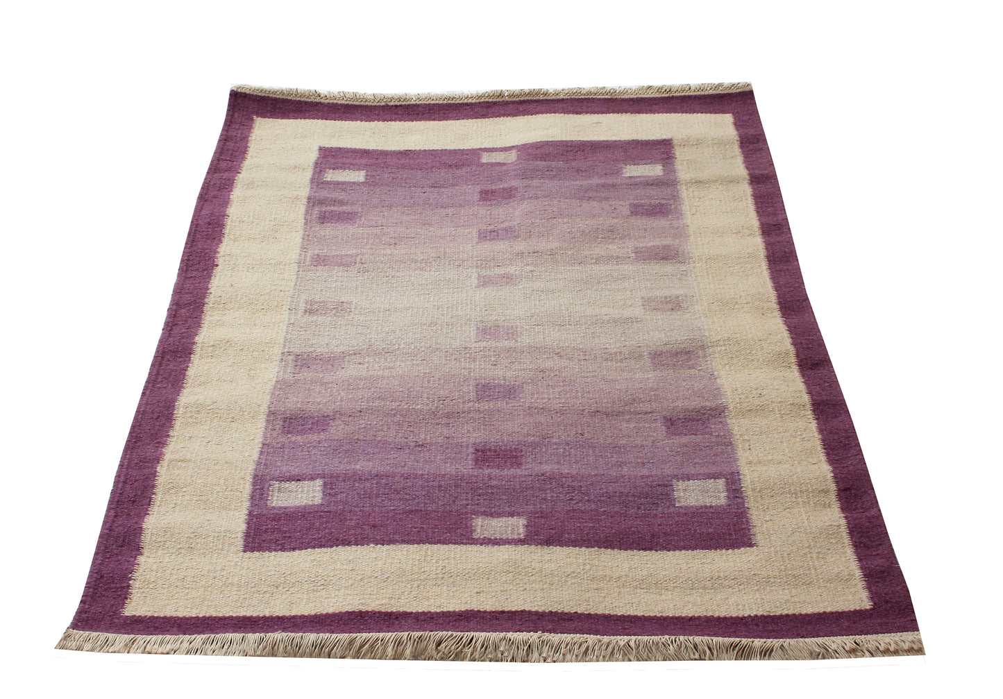 Beige and Purple Handwoven 4x6 Modern Stripes design Flatweave Durry Rug.