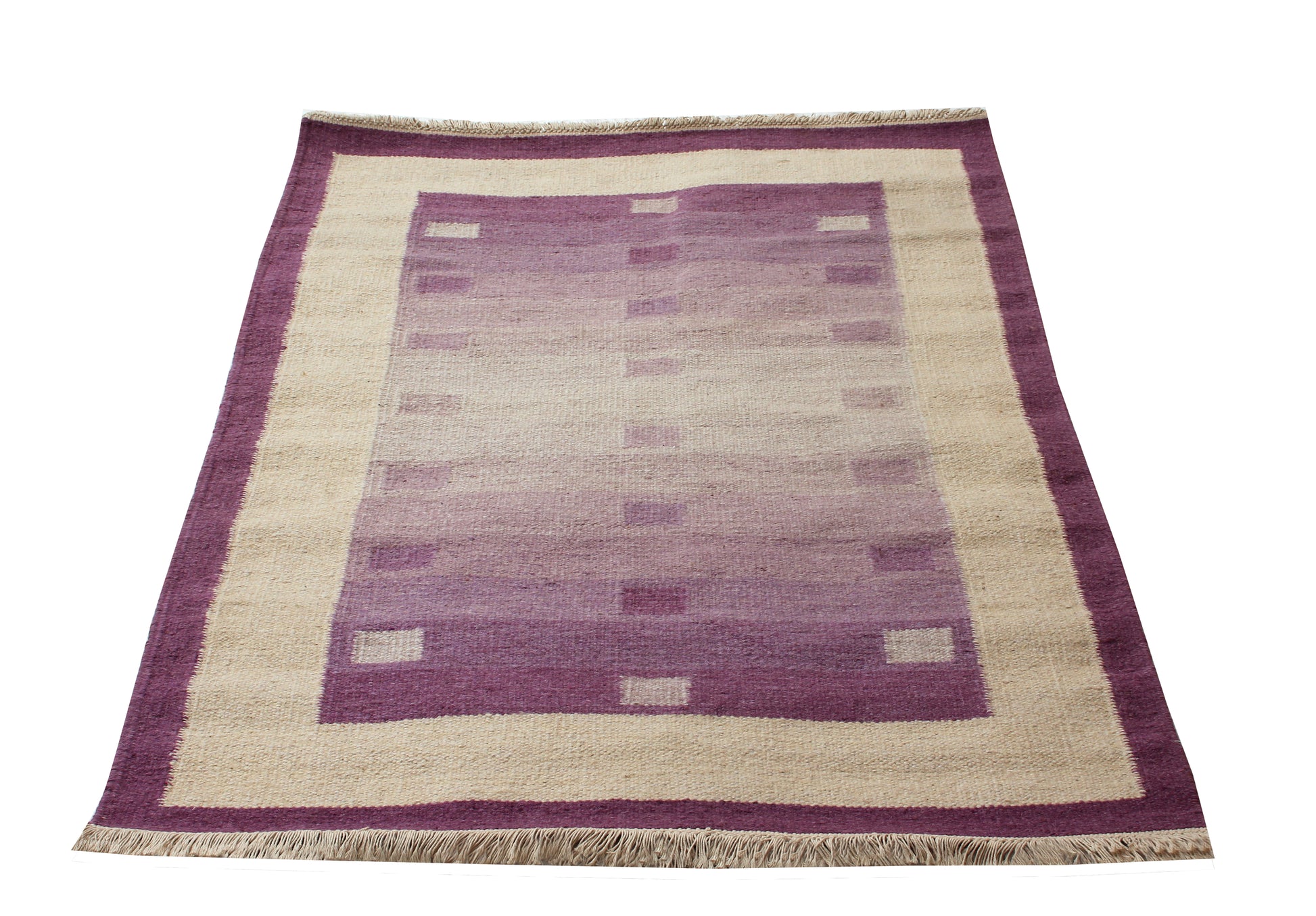 Beige and Purple Handwoven 4x6 Modern Stripes design Flatweave Durry Rug.