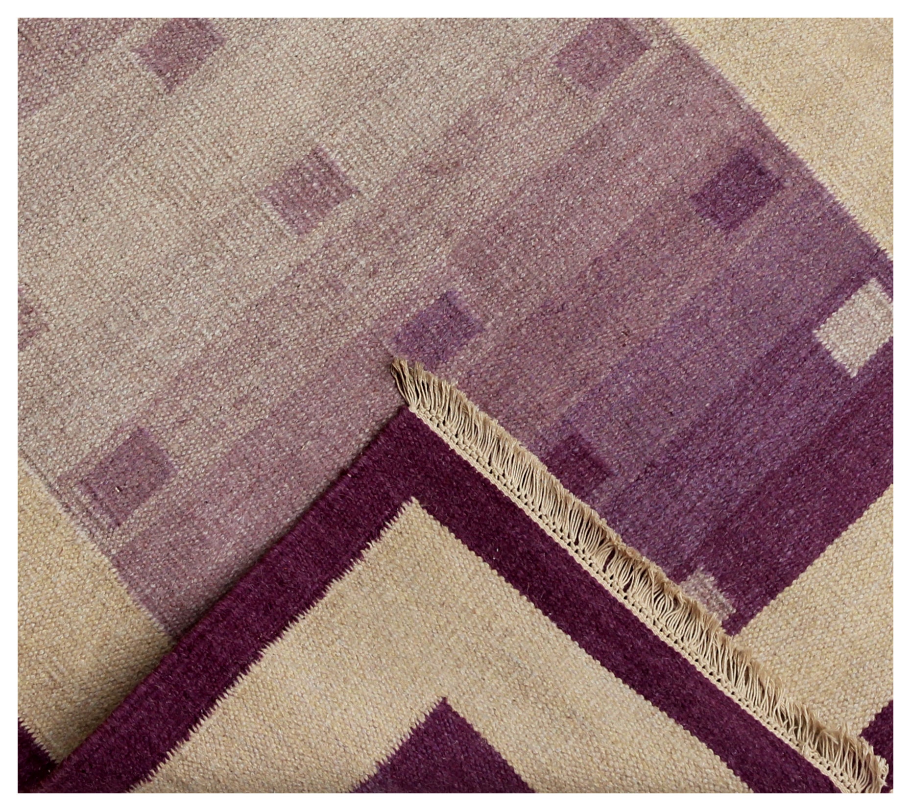Beige and Purple Handwoven 4x6 Modern Stripes design Flatweave Durry Rug.