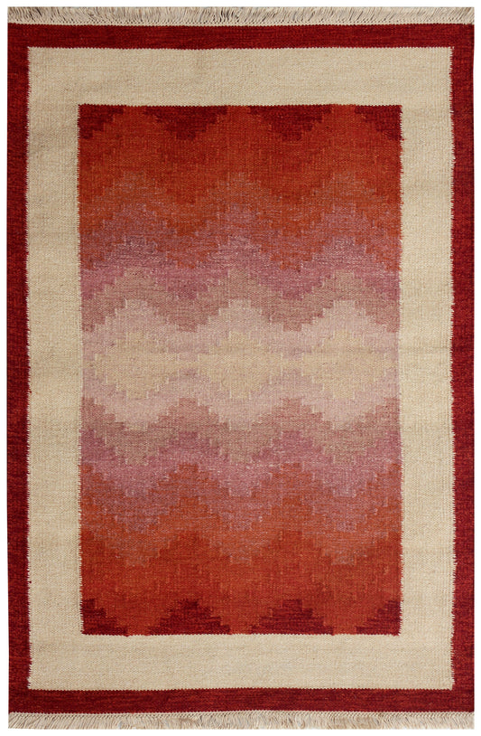 Modern Chevron Beige & Brown Wool Flatweave Rug – Handwoven 4x5.6 Durry