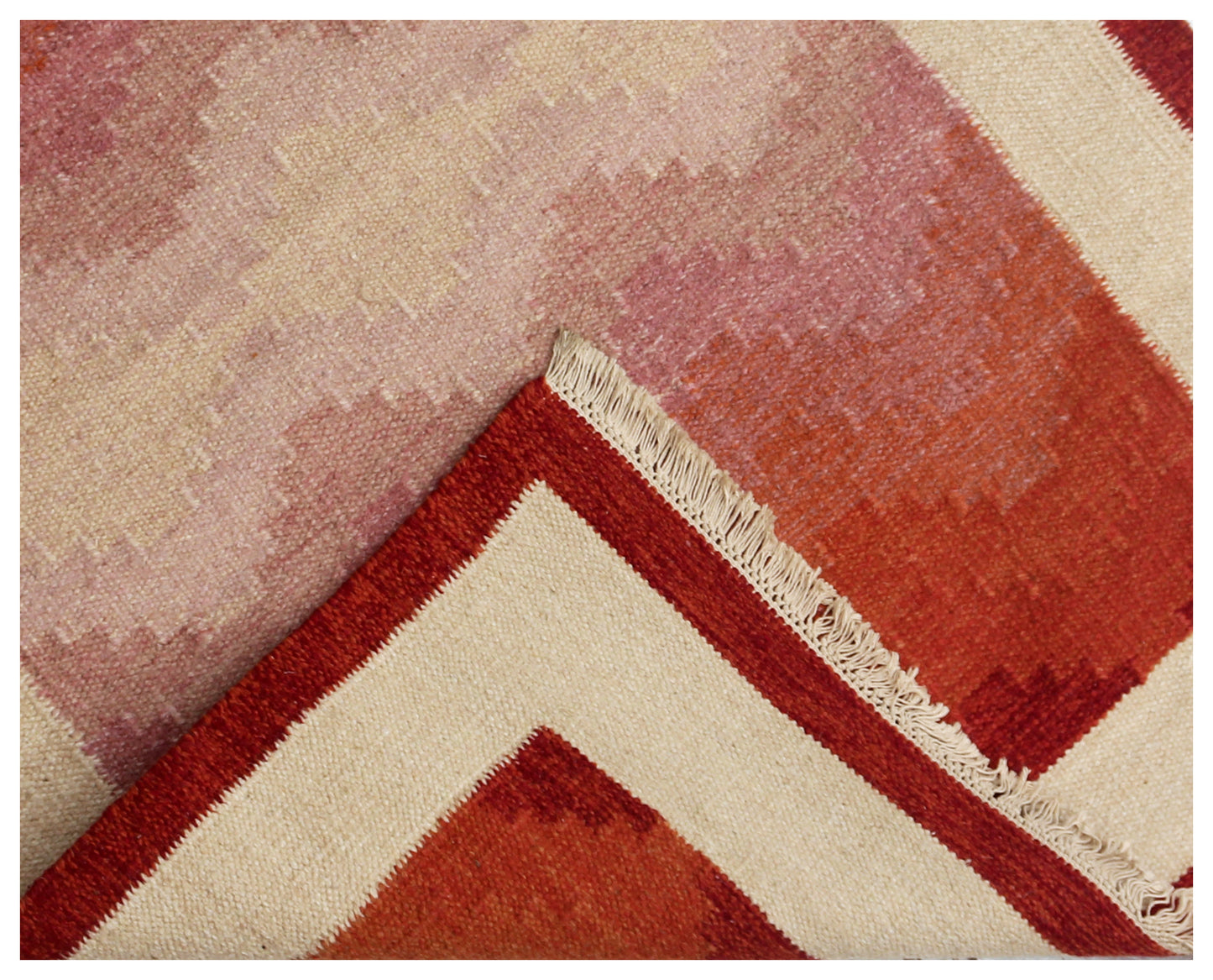 Modern Chevron Beige & Brown Wool Flatweave Rug – Handwoven 4x5.6 Durry