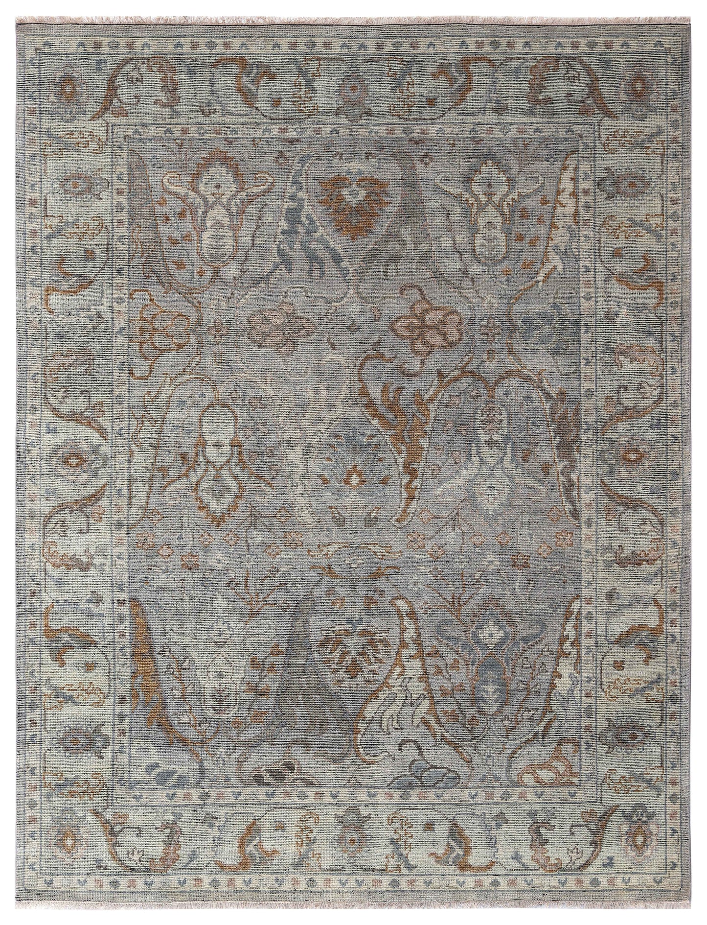 Silver Grey Ivory Brown Rust Eroded Sultanabad Floral Vine Hand Knotted Wool Silk 8x10 Bhadohi Area Rug