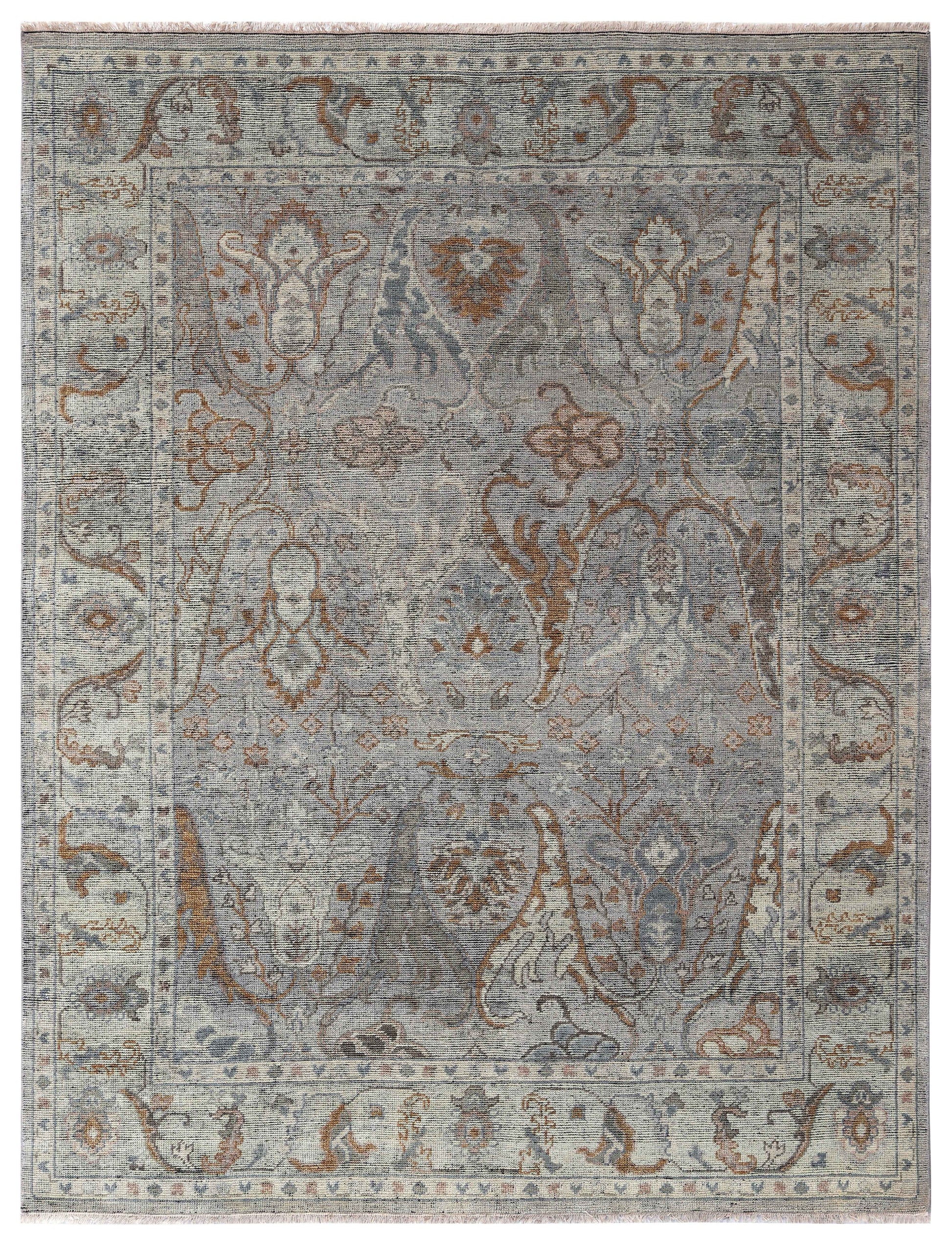 Silver Grey Ivory Brown Rust Eroded Sultanabad Floral Vine Hand Knotted Wool Silk 8x10 Bhadohi Area Rug