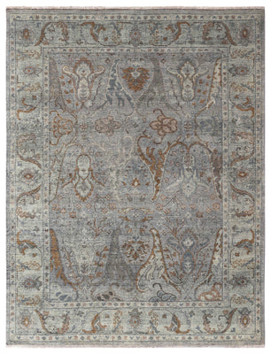 Silver Grey Ivory Brown Rust Eroded Sultanabad Floral Vine Hand Knotted Wool Silk 8x10 Bhadohi Area Rug