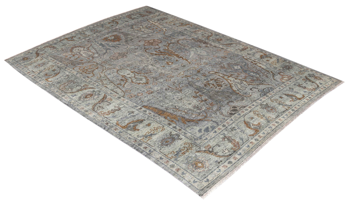 Silver Grey Ivory Brown Rust Eroded Sultanabad Floral Vine Hand Knotted Wool Silk 8x10 Bhadohi Area Rug