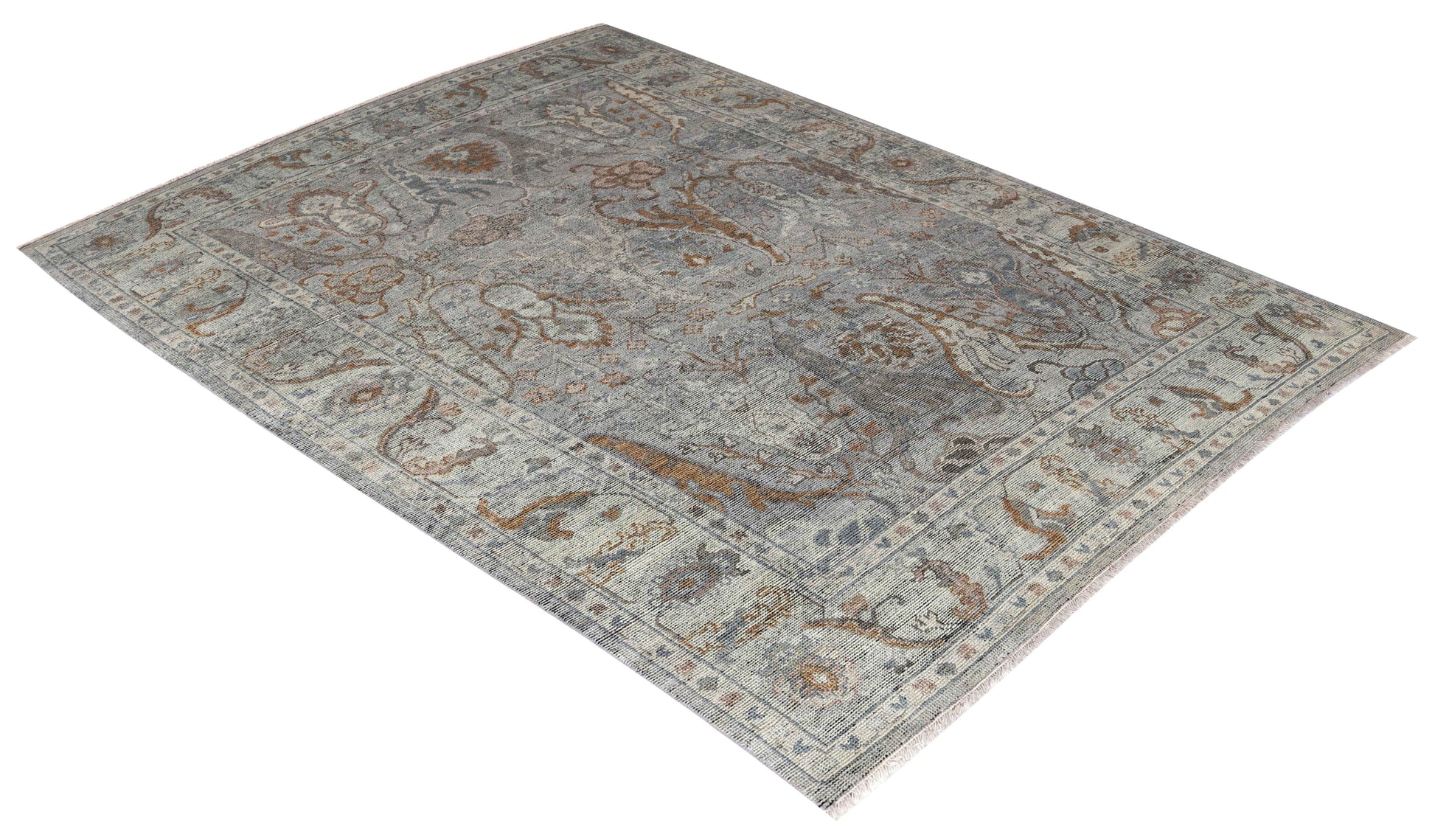 Silver Grey Ivory Brown Rust Eroded Sultanabad Floral Vine Hand Knotted Wool Silk 8x10 Bhadohi Area Rug