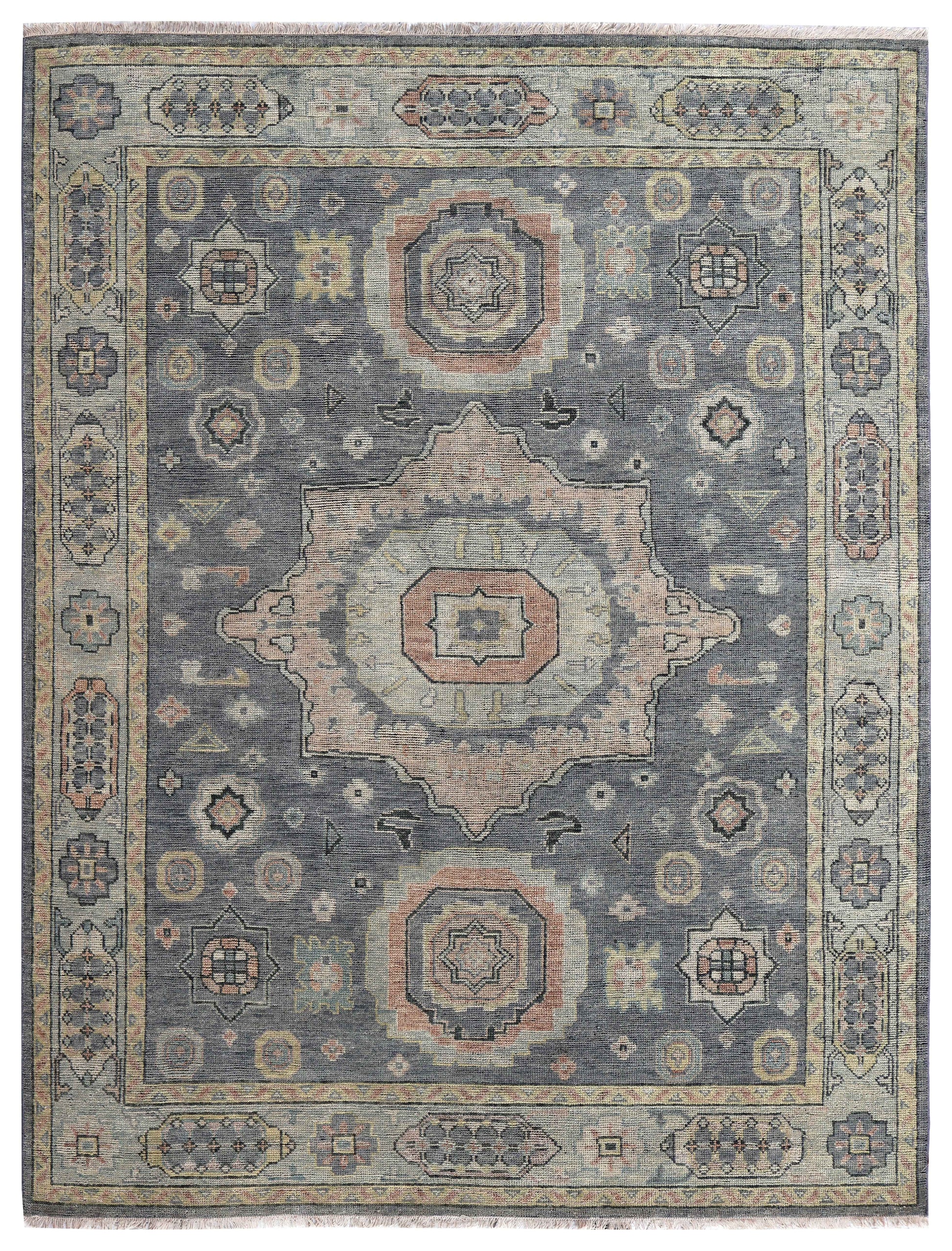 Slate Blue Grey Ivory Blush Sage Kazak Medallion Tribal Hand Knotted Wool Silk 8x10 Bhadohi Area Rug