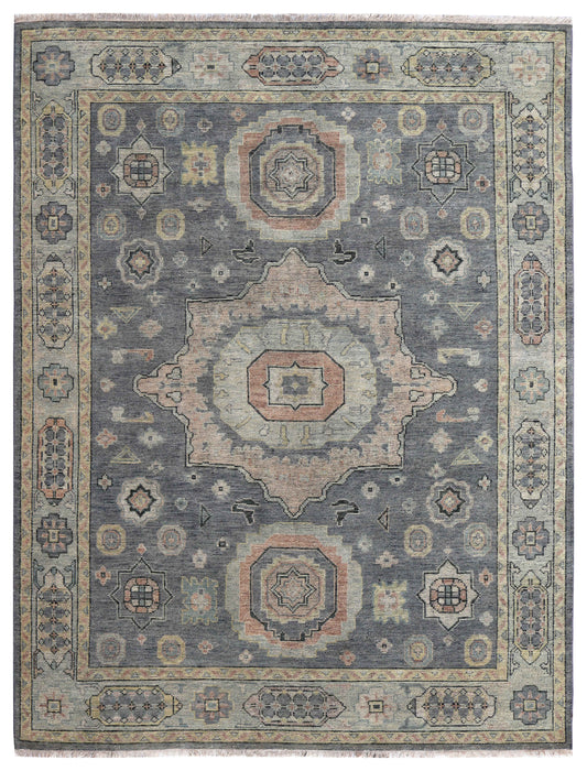 Slate Blue Grey Ivory Blush Sage Kazak Medallion Tribal Hand Knotted Wool Silk 8x10 Bhadohi Area Rug
