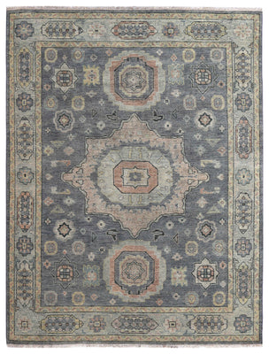 Slate Blue Grey Ivory Blush Sage Kazak Medallion Tribal Hand Knotted Wool Silk 8x10 Bhadohi Area Rug