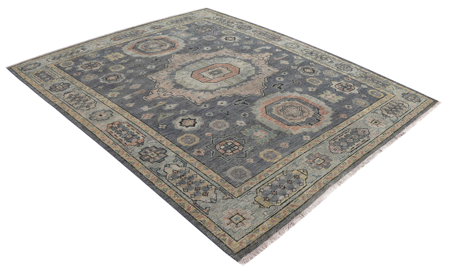 Slate Blue Grey Ivory Blush Sage Kazak Medallion Tribal Hand Knotted Wool Silk 8x10 Bhadohi Area Rug