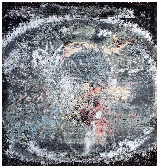 Charcoal Black Grey Silver Blush Pink Eroded Medallion Modern Abstract Hand Knotted Wool Viscose 85 KPSI 8x8 Square Area Rug