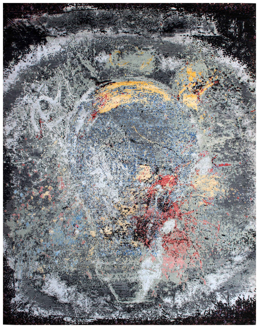 Charcoal Black Grey Gold Crimson Red Eroded Medallion Modern Abstract Hand Knotted Wool Viscose 85 KPSI 8x10 Area Rug