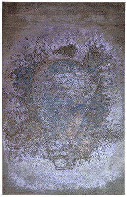 Silver Lavender Teal Brown Eroded Medallion Modern Abstract Hand Knotted Wool Viscose 85 KPSI 6.6x9.6 Area Rug