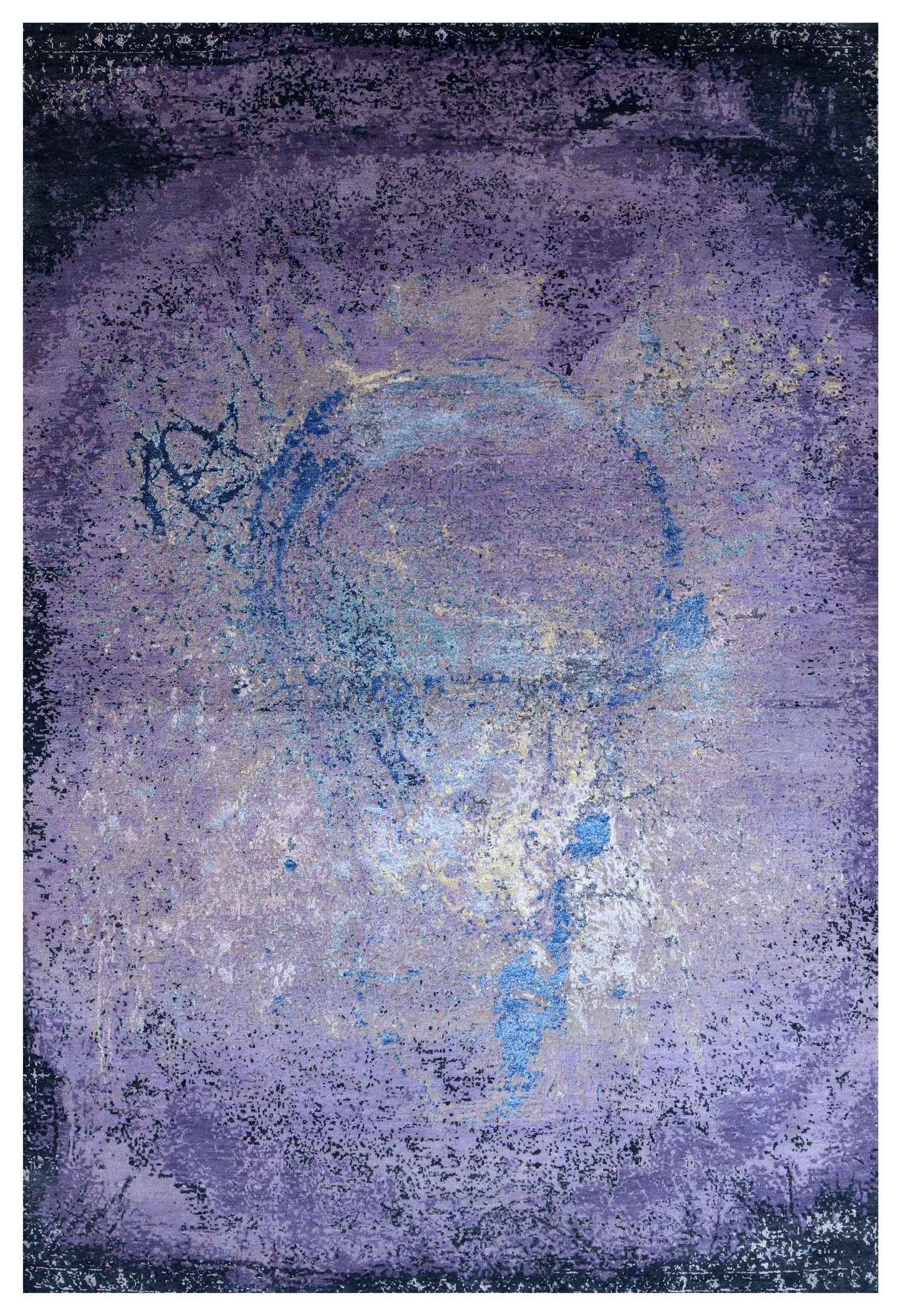 Lavender Purple Blue Gold Eroded Medallion Modern Abstract Hand Knotted Wool Viscose 85 KPSI 5.6x8 Area Rug