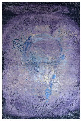 Lavender Purple Blue Gold Eroded Medallion Modern Abstract Hand Knotted Wool Viscose 85 KPSI 5.6x8 Area Rug