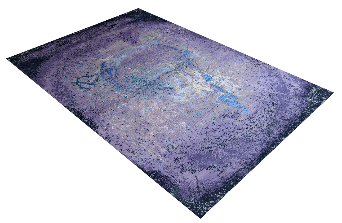 Lavender Purple Blue Gold Eroded Medallion Modern Abstract Hand Knotted Wool Viscose 85 KPSI 5.6x8 Area Rug