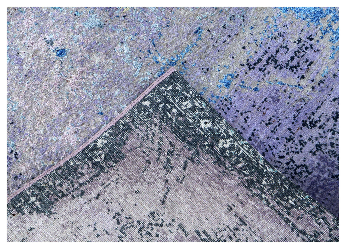Lavender Purple Blue Gold Eroded Medallion Modern Abstract Hand Knotted Wool Viscose 85 KPSI 5.6x8 Area Rug