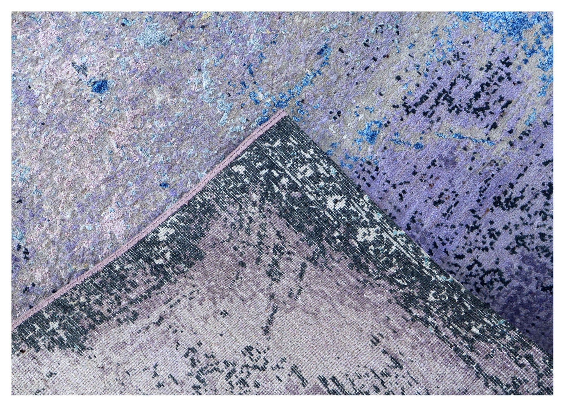 Lavender Purple Blue Gold Eroded Medallion Modern Abstract Hand Knotted Wool Viscose 85 KPSI 5.6x8 Area Rug