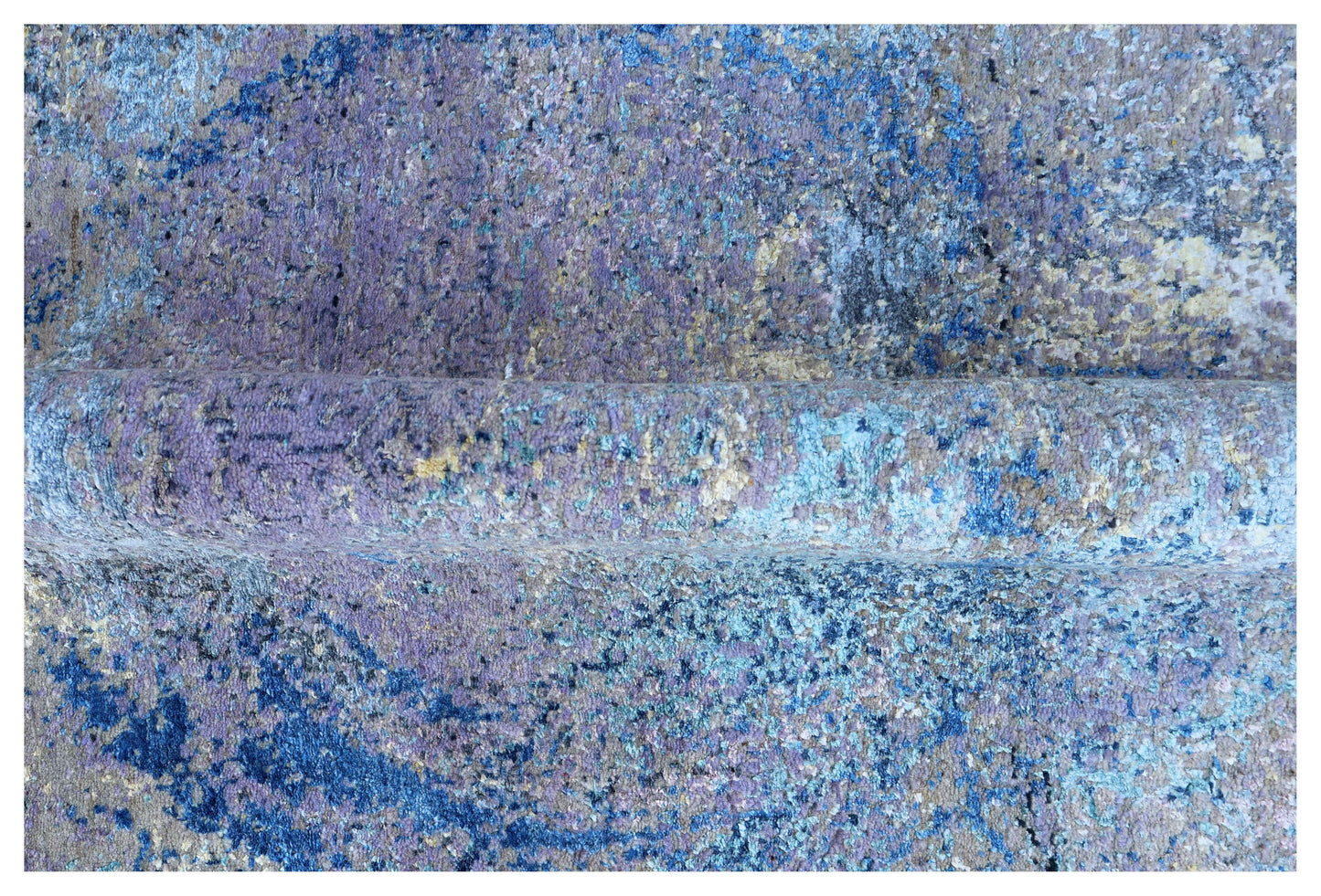 Lavender Purple Blue Gold Eroded Medallion Modern Abstract Hand Knotted Wool Viscose 85 KPSI 5.6x8 Area Rug