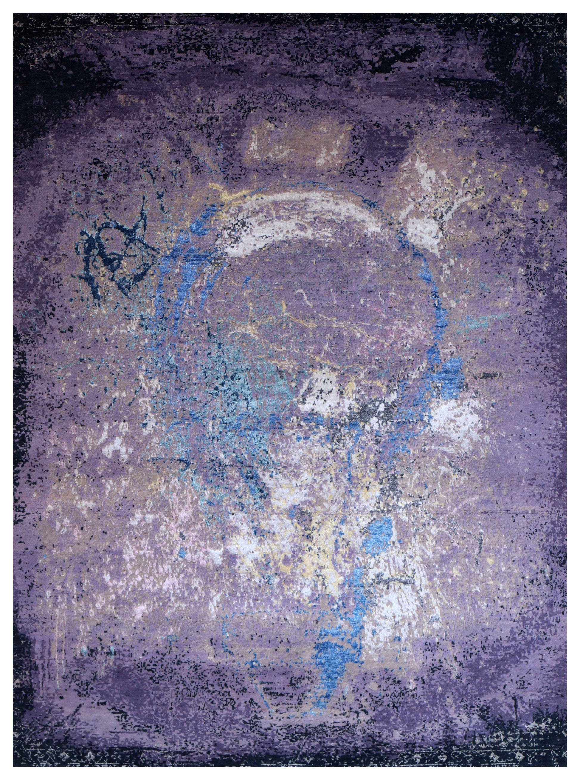 Purple Mauve Blue White Eroded Medallion Modern Abstract Hand Knotted Wool Viscose 85 KPSI 6.6x8 Area Rug