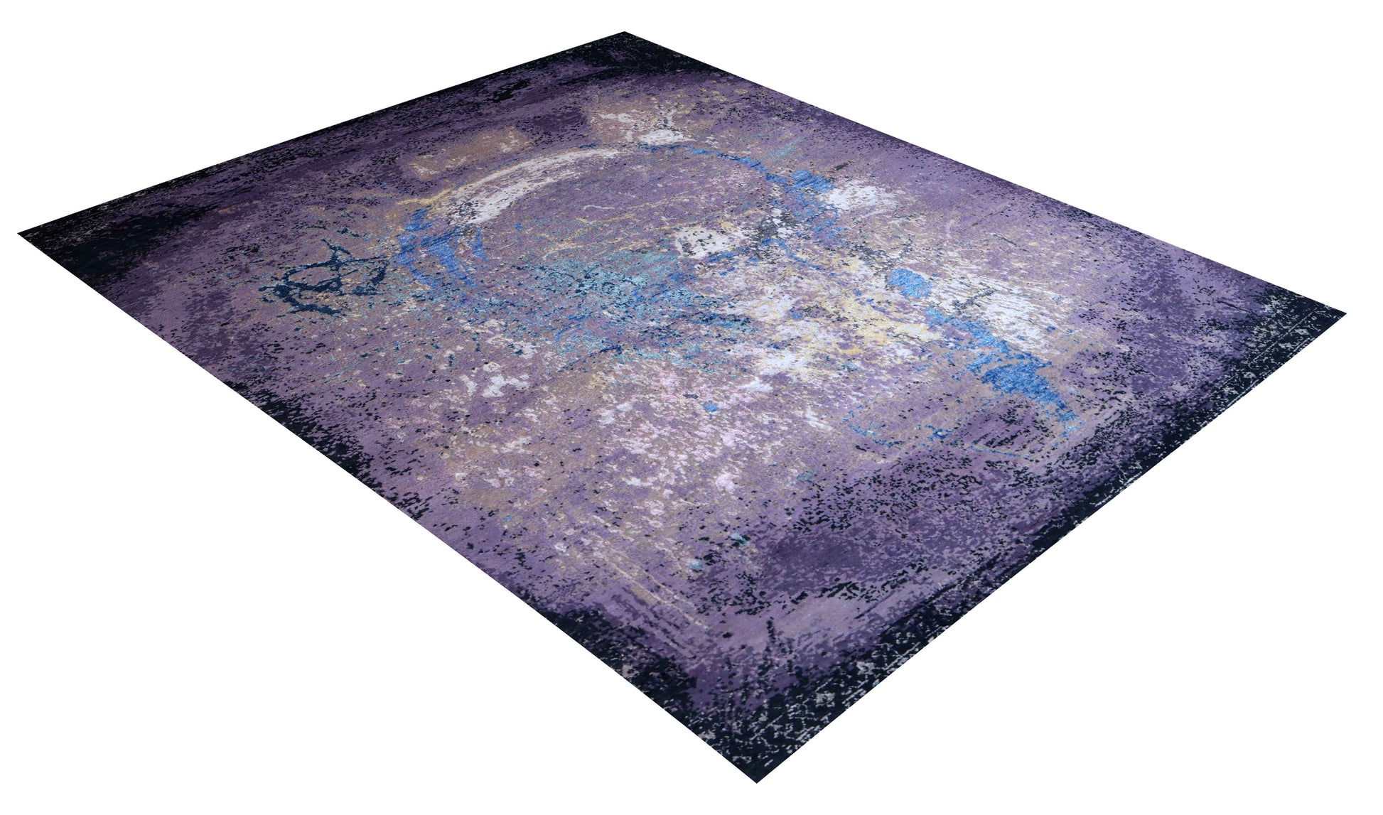 Purple Mauve Blue White Eroded Medallion Modern Abstract Hand Knotted Wool Viscose 85 KPSI 6.6x8 Area Rug
