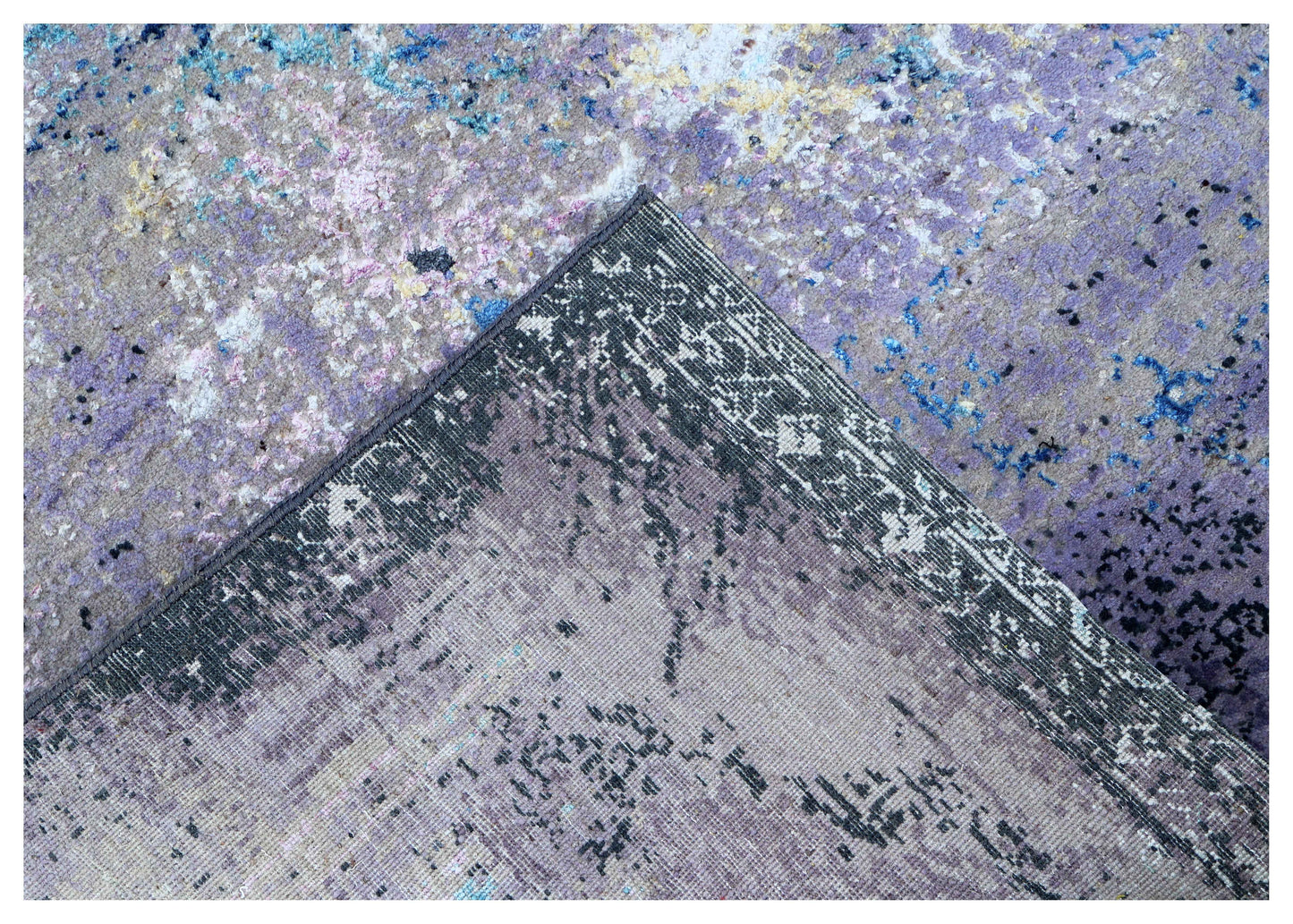 Purple Mauve Blue White Eroded Medallion Modern Abstract Hand Knotted Wool Viscose 85 KPSI 6.6x8 Area Rug