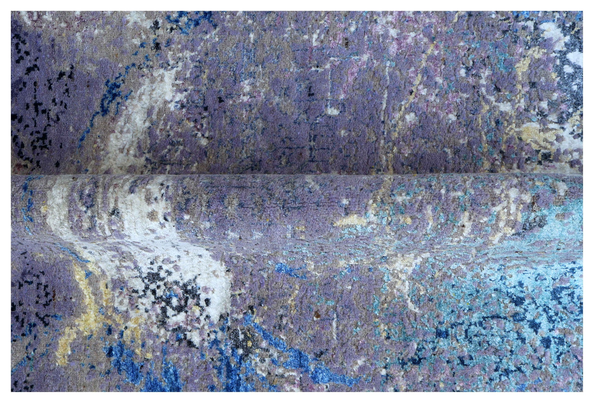 Purple Mauve Blue White Eroded Medallion Modern Abstract Hand Knotted Wool Viscose 85 KPSI 6.6x8 Area Rug