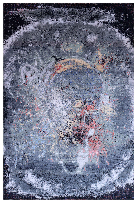 Steel Blue Grey Gold Crimson Red Eroded Medallion Modern Abstract Hand Knotted Wool Viscose 85 KPSI 5.6x8 Area Rug