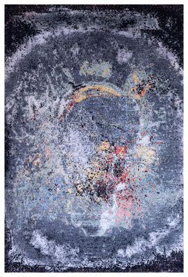 Navy Blue Grey Gold Crimson Red Eroded Medallion Modern Abstract Hand Knotted Wool Viscose 85 KPSI 5.6x8 Area Rug