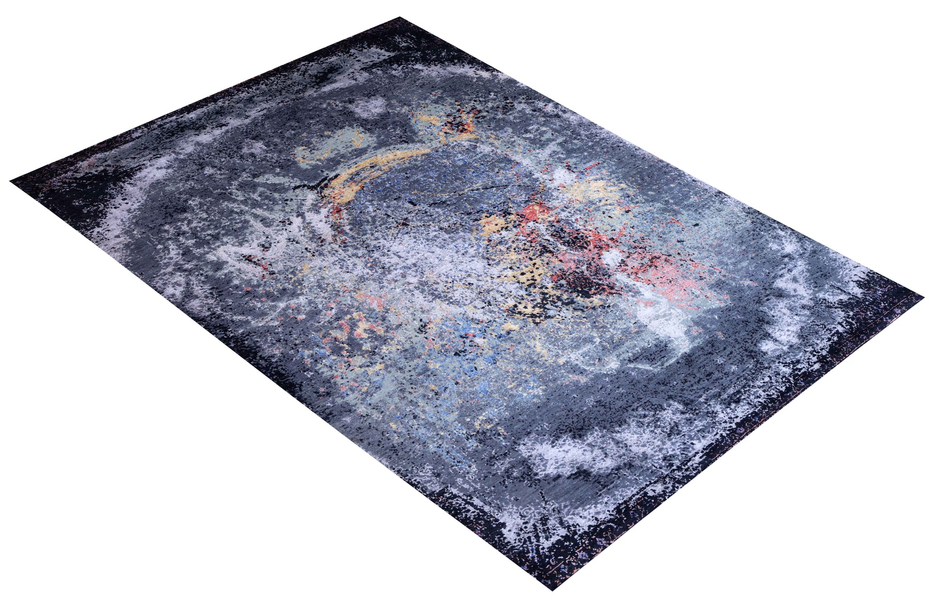 Navy Blue Grey Gold Crimson Red Eroded Medallion Modern Abstract Hand Knotted Wool Viscose 85 KPSI 5.6x8 Area Rug