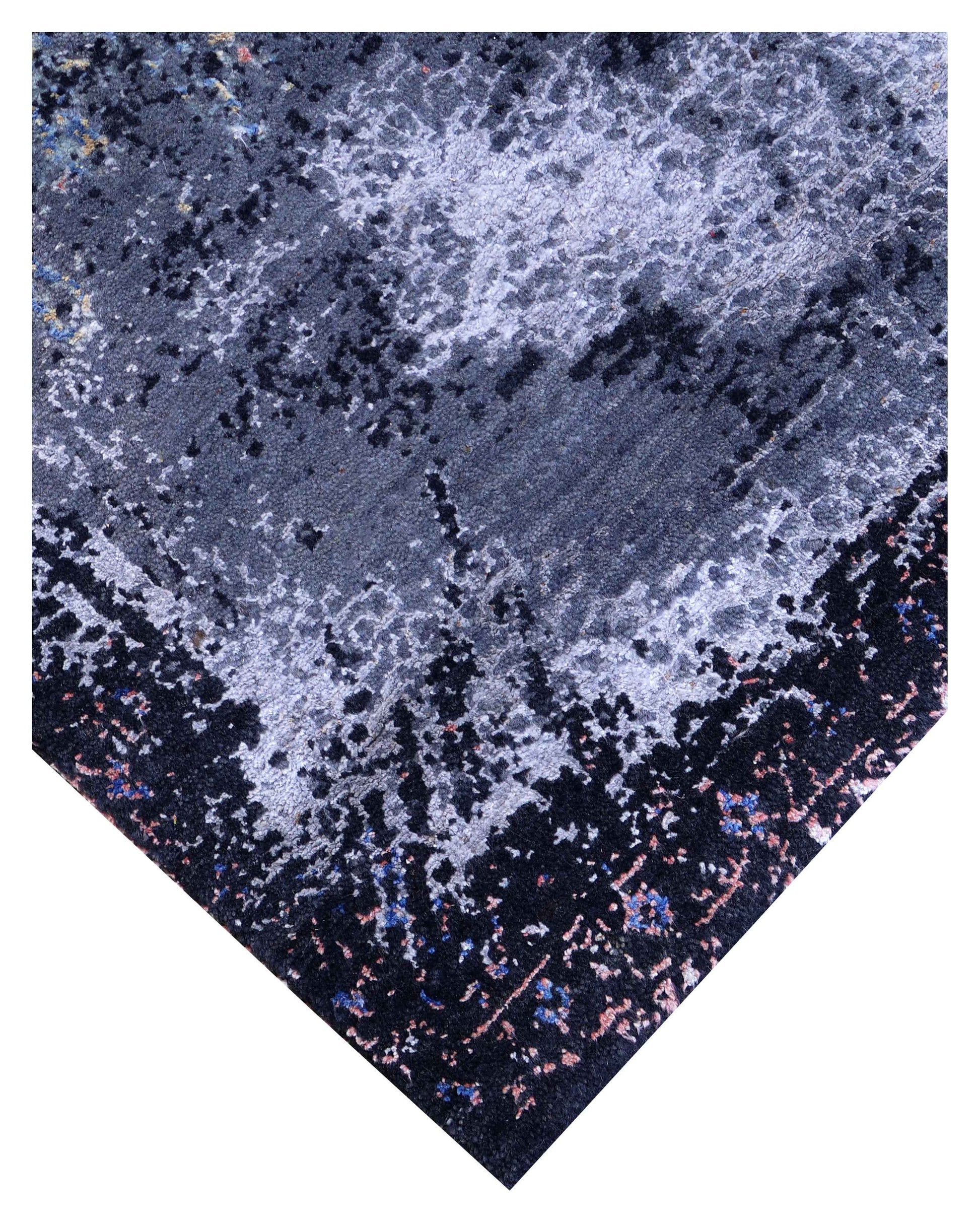 Navy Blue Grey Gold Crimson Red Eroded Medallion Modern Abstract Hand Knotted Wool Viscose 85 KPSI 5.6x8 Area Rug