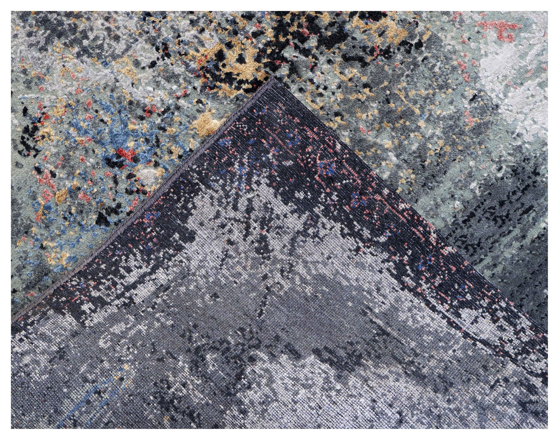 Navy Blue Grey Gold Crimson Red Eroded Medallion Modern Abstract Hand Knotted Wool Viscose 85 KPSI 5.6x8 Area Rug
