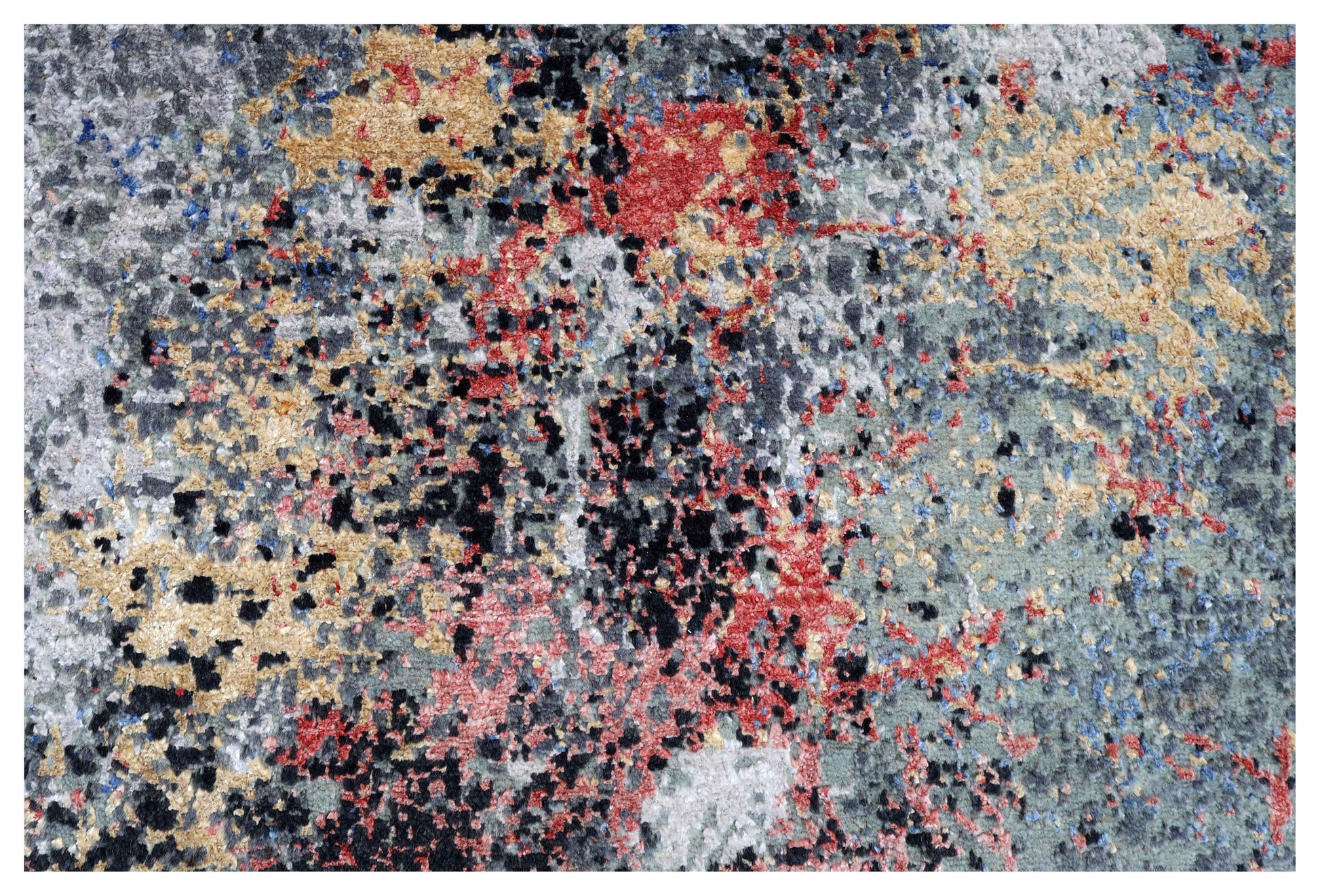 Navy Blue Grey Gold Crimson Red Eroded Medallion Modern Abstract Hand Knotted Wool Viscose 85 KPSI 5.6x8 Area Rug