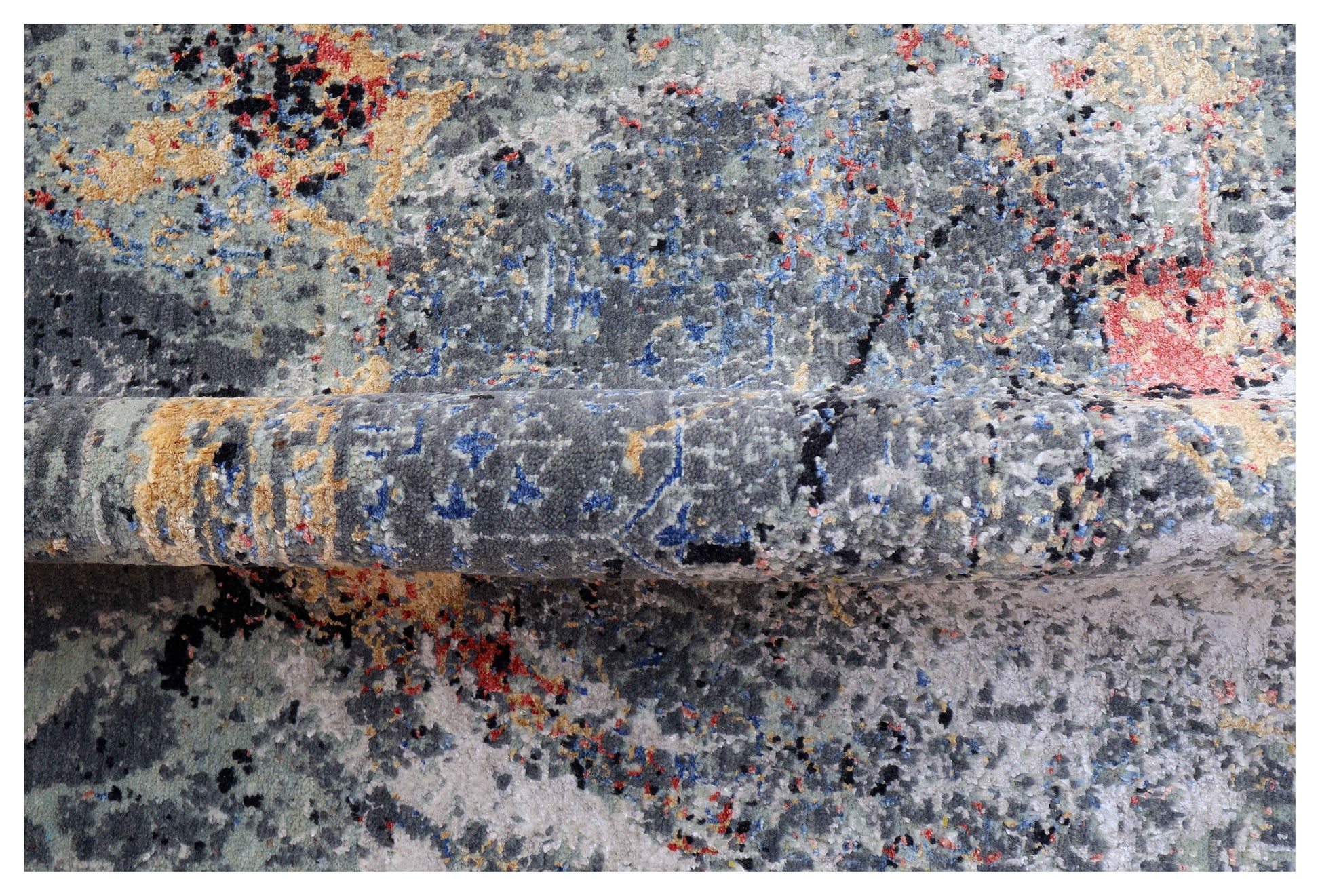 Navy Blue Grey Gold Crimson Red Eroded Medallion Modern Abstract Hand Knotted Wool Viscose 85 KPSI 5.6x8 Area Rug