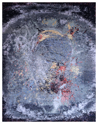 Steel Blue Grey Gold Crimson Red Eroded Medallion Modern Abstract Hand Knotted Wool Viscose 85 KPSI 6.6x8 Area Rug