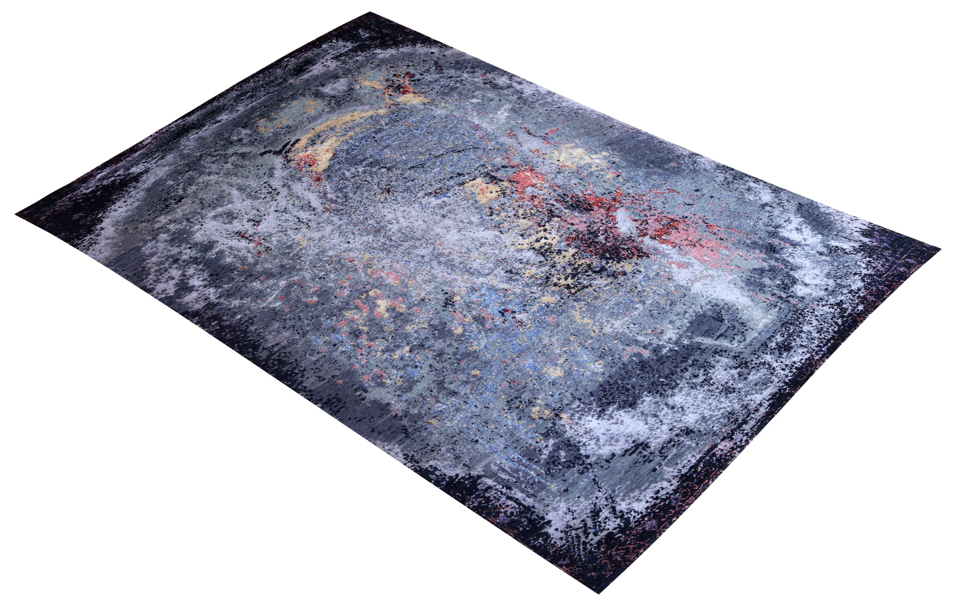 Steel Blue Grey Gold Crimson Red Eroded Medallion Modern Abstract Hand Knotted Wool Viscose 85 KPSI 6.6x8 Area Rug