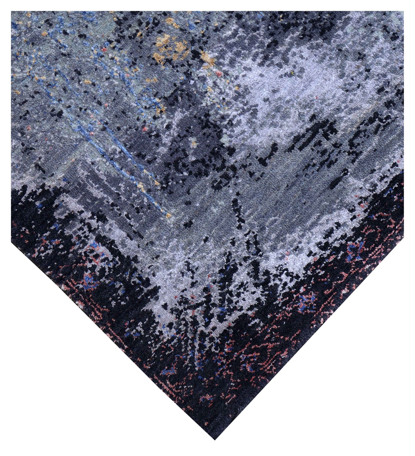 Steel Blue Grey Gold Crimson Red Eroded Medallion Modern Abstract Hand Knotted Wool Viscose 85 KPSI 6.6x8 Area Rug