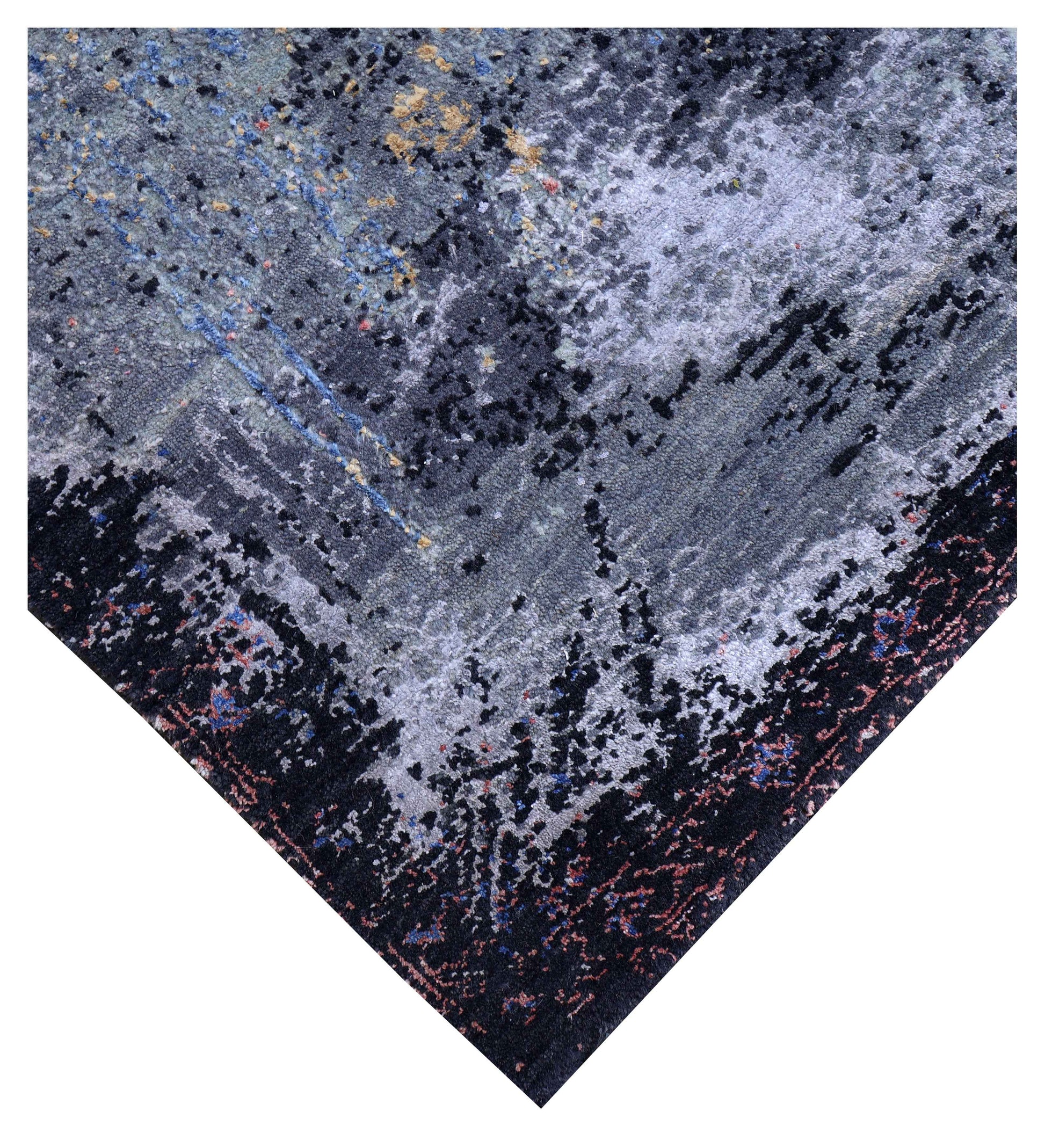 Steel Blue Grey Gold Crimson Red Eroded Medallion Modern Abstract Hand Knotted Wool Viscose 85 KPSI 6.6x8 Area Rug