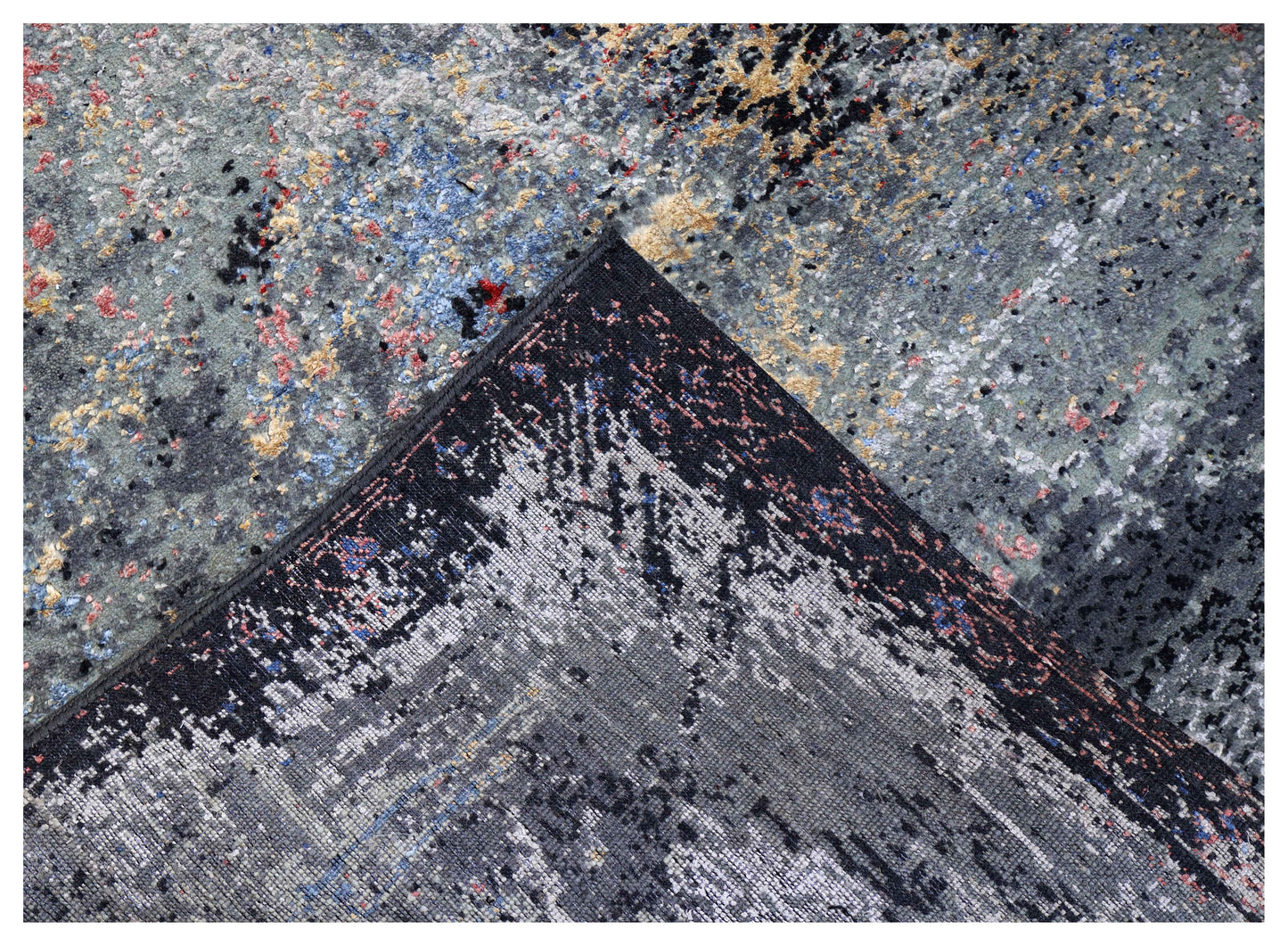 Steel Blue Grey Gold Crimson Red Eroded Medallion Modern Abstract Hand Knotted Wool Viscose 85 KPSI 6.6x8 Area Rug