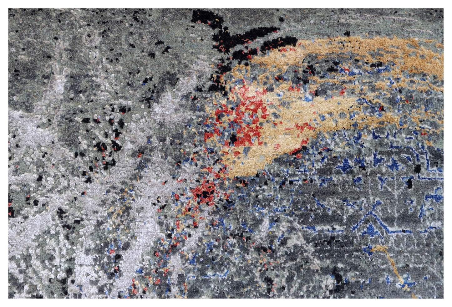 Steel Blue Grey Gold Crimson Red Eroded Medallion Modern Abstract Hand Knotted Wool Viscose 85 KPSI 6.6x8 Area Rug