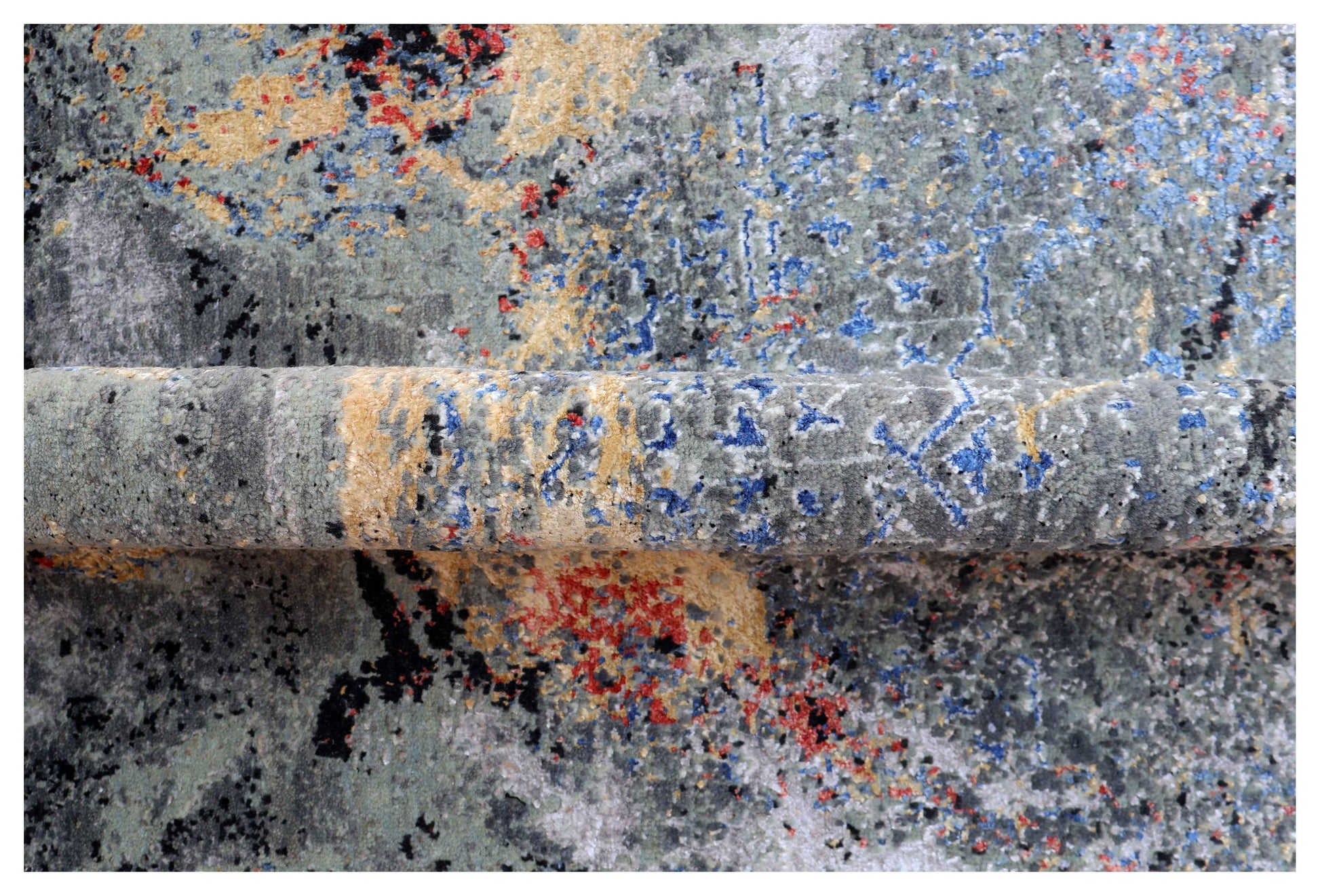 Steel Blue Grey Gold Crimson Red Eroded Medallion Modern Abstract Hand Knotted Wool Viscose 85 KPSI 6.6x8 Area Rug
