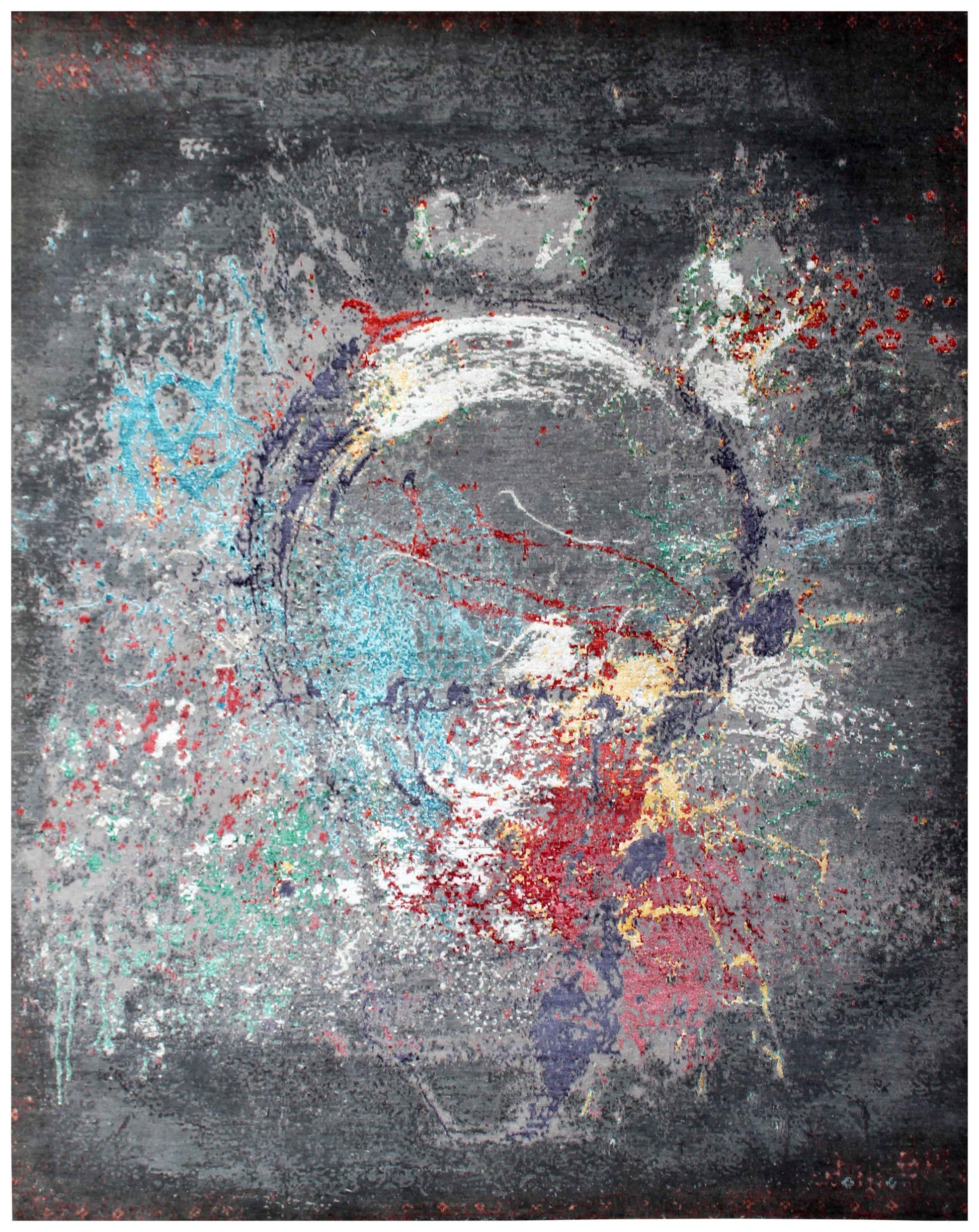 Charcoal Teal Crimson Gold Swirl Medallion Modern Abstract Hand Knotted Wool Viscose 85 KPSI 8x10 Area Rug