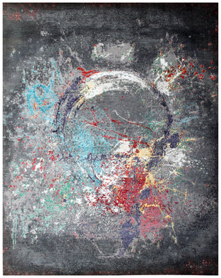 Charcoal Teal Crimson Gold Swirl Medallion Modern Abstract Hand Knotted Wool Viscose 85 KPSI 8x10 Area Rug