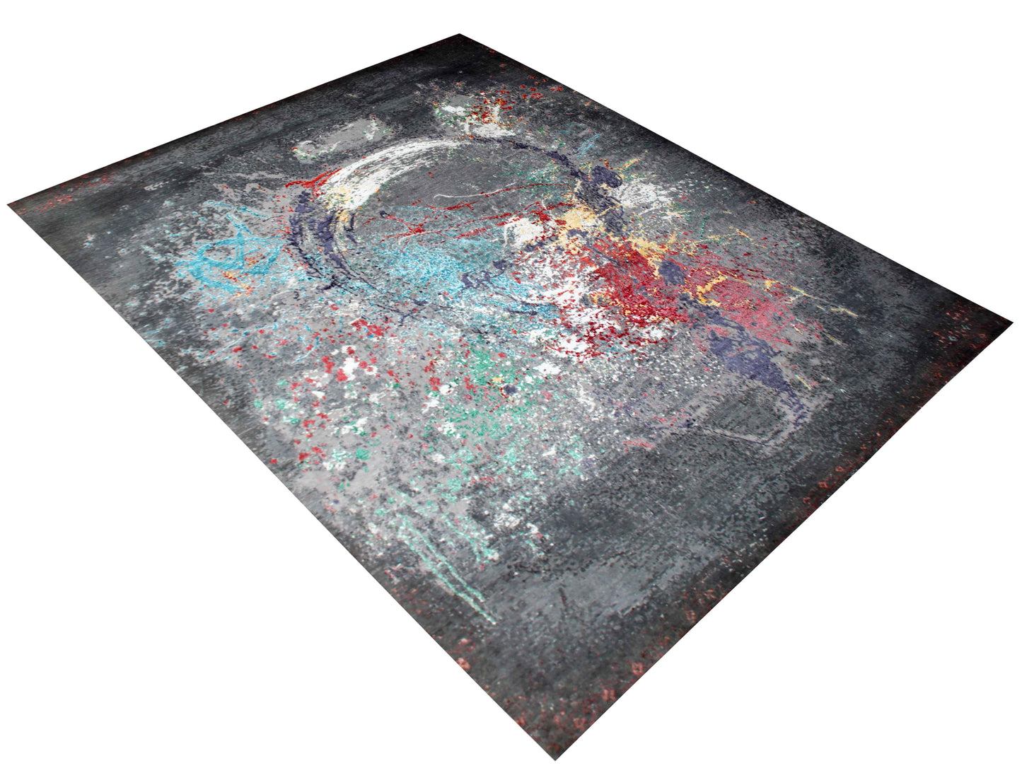 Charcoal Teal Crimson Gold Swirl Medallion Modern Abstract Hand Knotted Wool Viscose 85 KPSI 8x10 Area Rug