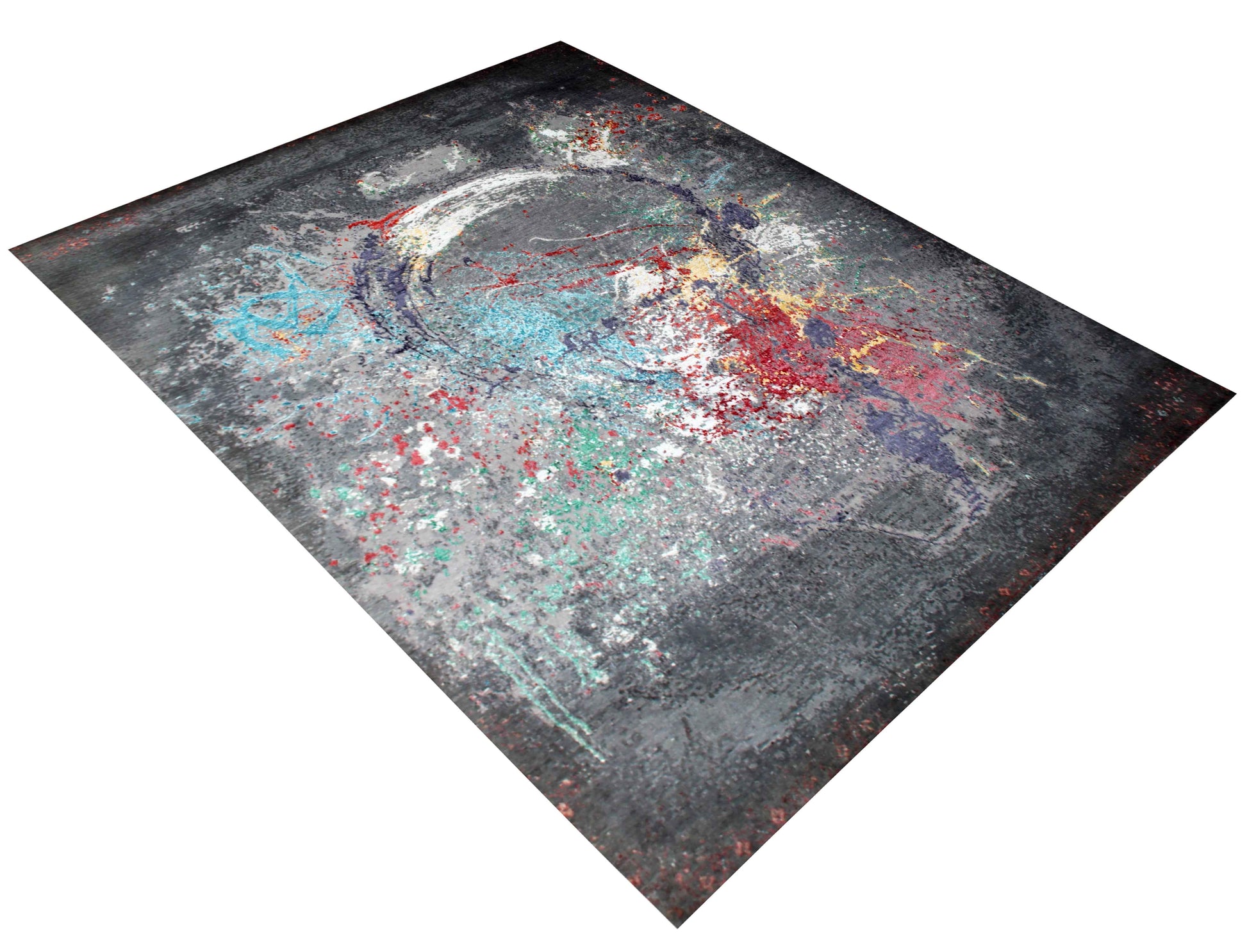 Charcoal Teal Crimson Gold Swirl Medallion Modern Abstract Hand Knotted Wool Viscose 85 KPSI 8x10 Area Rug