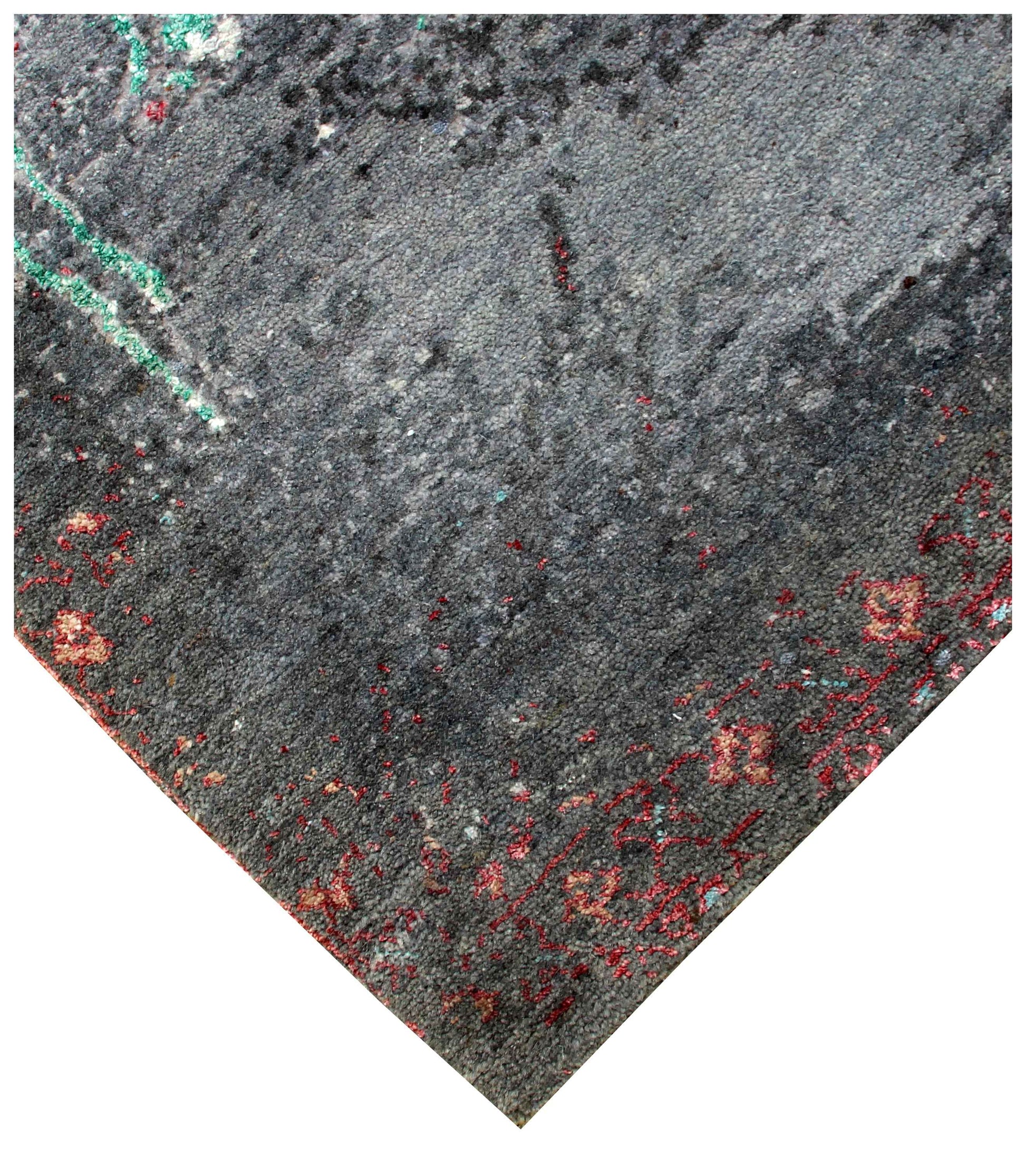 Charcoal Teal Crimson Gold Swirl Medallion Modern Abstract Hand Knotted Wool Viscose 85 KPSI 8x10 Area Rug