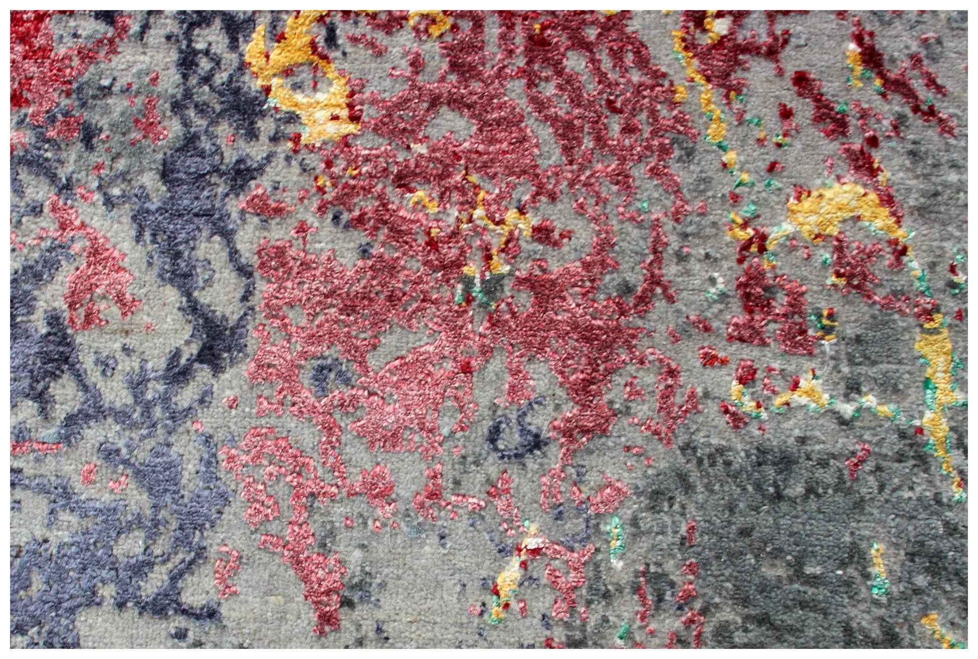 Charcoal Teal Crimson Gold Swirl Medallion Modern Abstract Hand Knotted Wool Viscose 85 KPSI 8x10 Area Rug