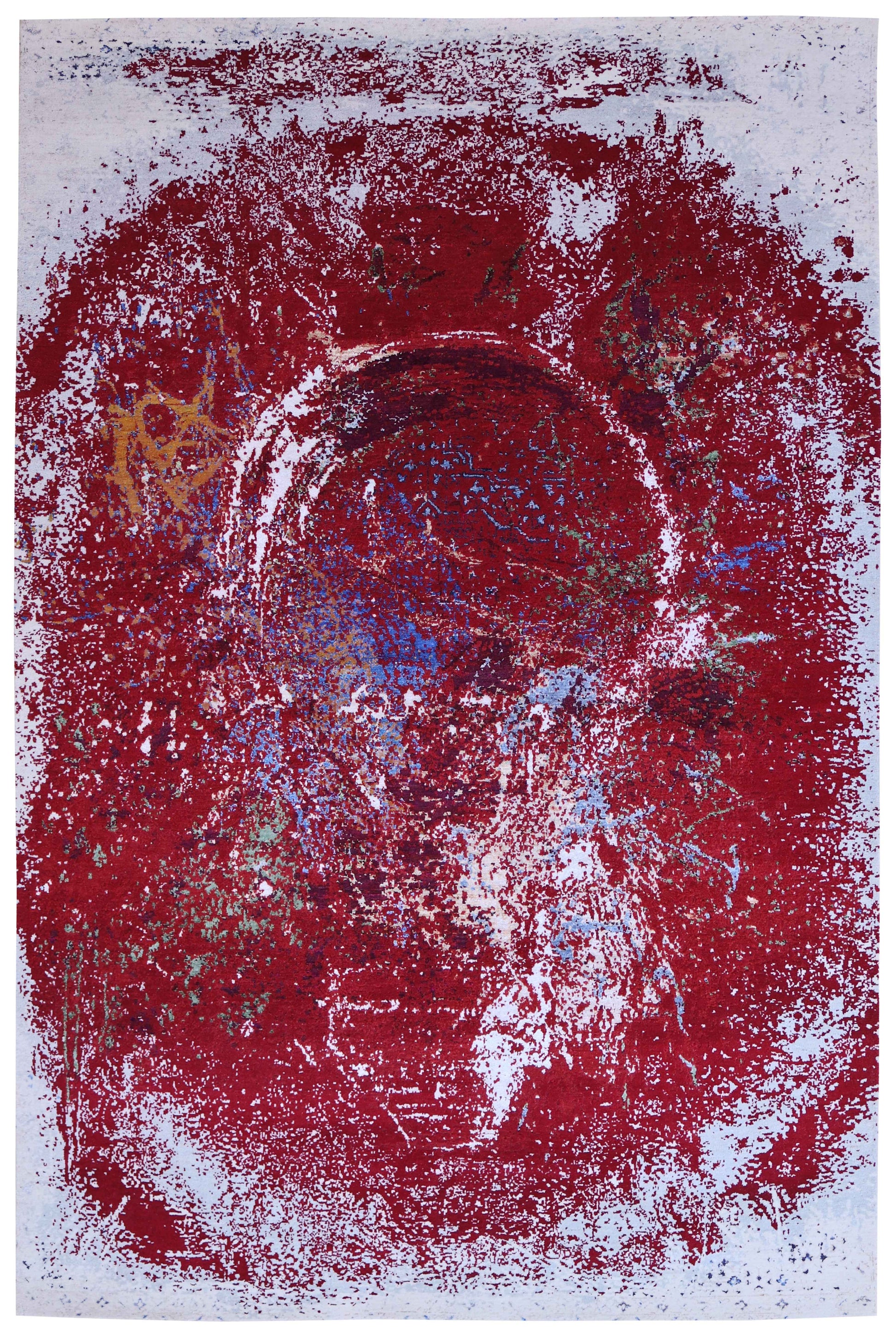 Crimson Red Silver Eroded Medallion Modern Abstract Hand Knotted Wool Viscose 85 KPSI 6.6x10 Area Rug